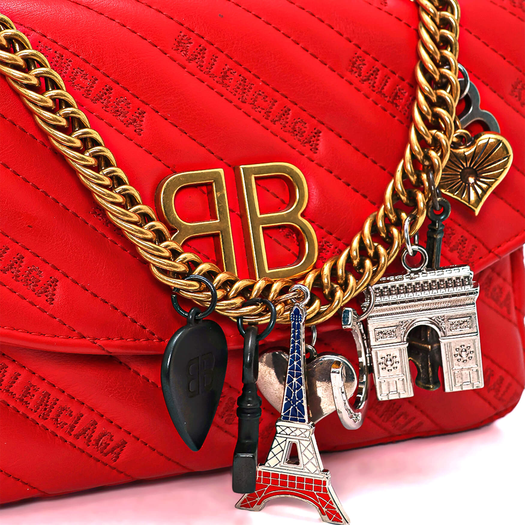 Balenciaga - Red Charm Detail BB Logo Chain Strap Crossbody Bag